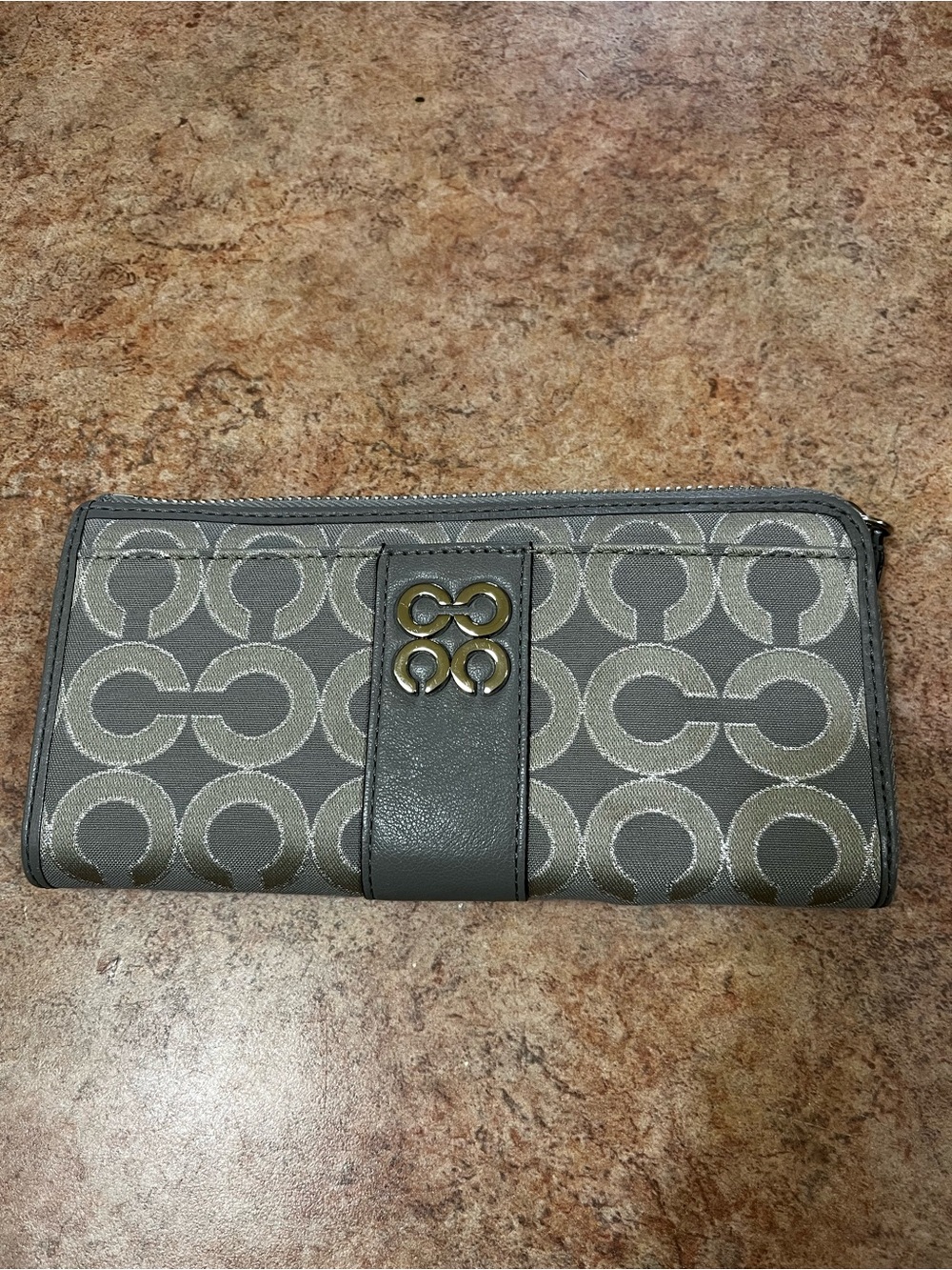 Coach Gray Monogram Zip-Around Wallet with Silver Accent